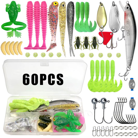 Fishing Lures Kit 60/109/141/219Pcs Bait Set with Soft Lure Metal Spoons Hard Minnow Crankbait and Accessories with Tackle Box