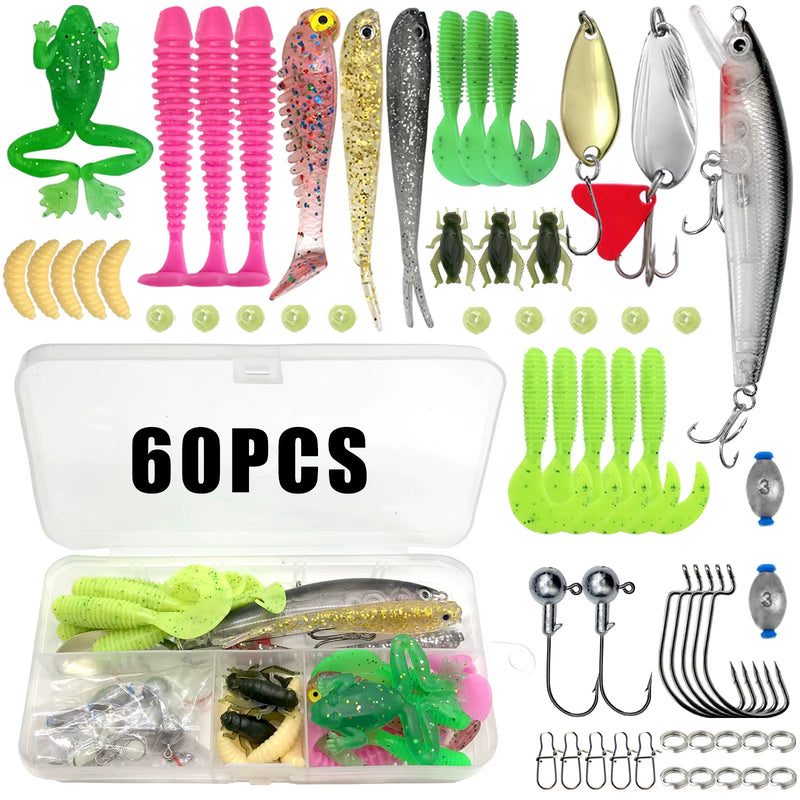 Fishing Lures Kit 60/109/141/219Pcs Bait Set with Soft Lure Metal Spoons Hard Minnow Crankbait and Accessories with Tackle Box